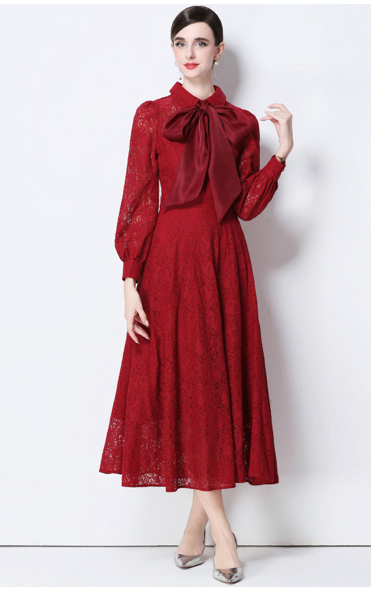 Maroon Floral Lace Midi Dress With Oversized Satin Bow