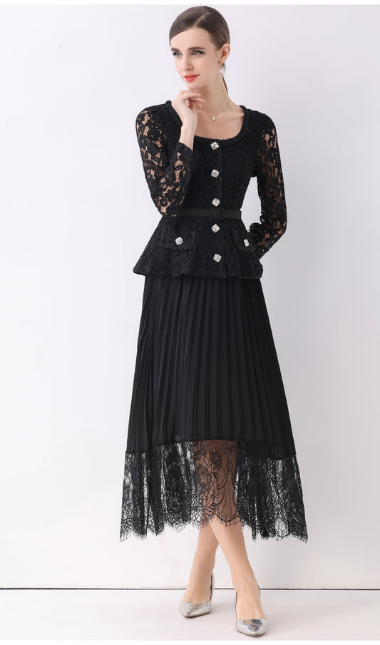 Midnight Lace Peplum Midi Fake-two Dress With Pleated Lace-Trim Skirt