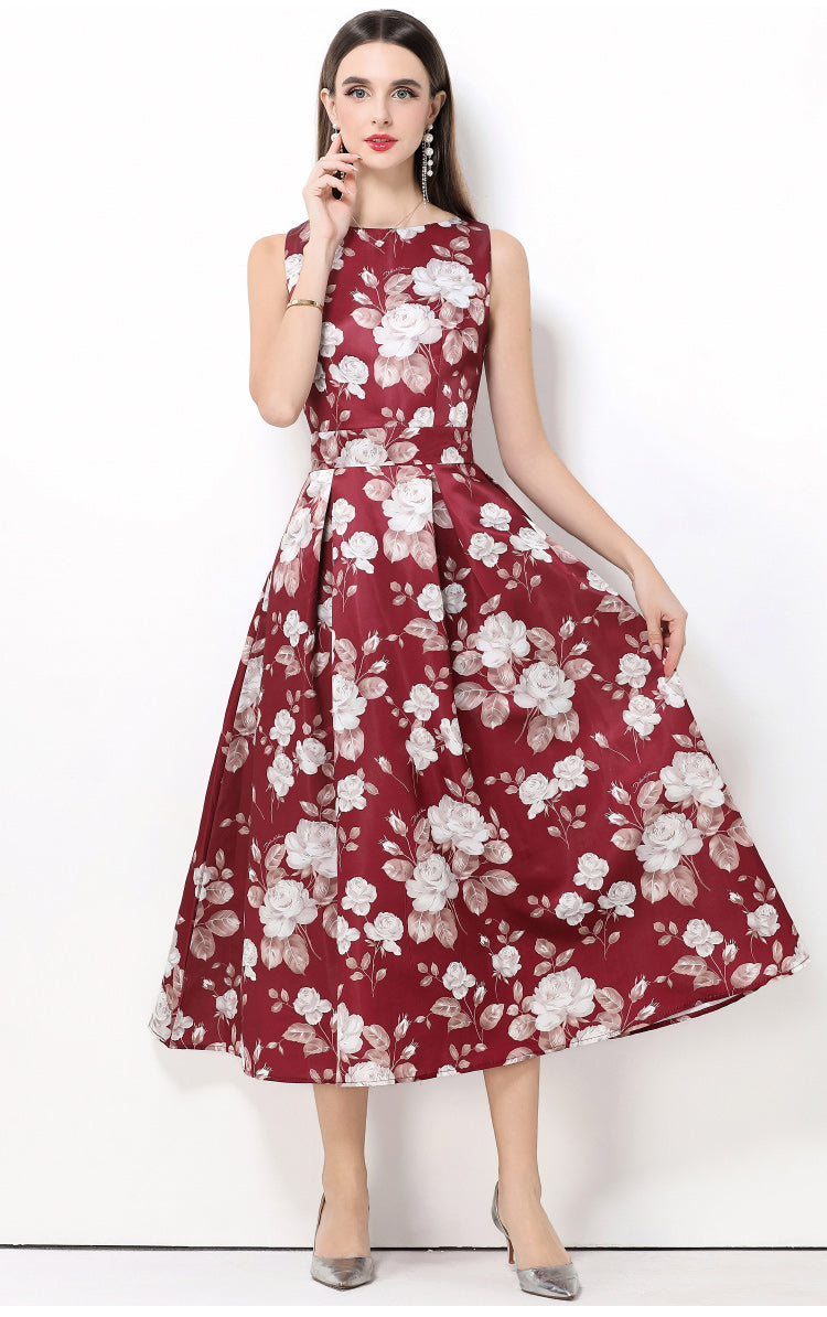 Burgundy Floral Sleeveless Midi Fit And Flare Dress