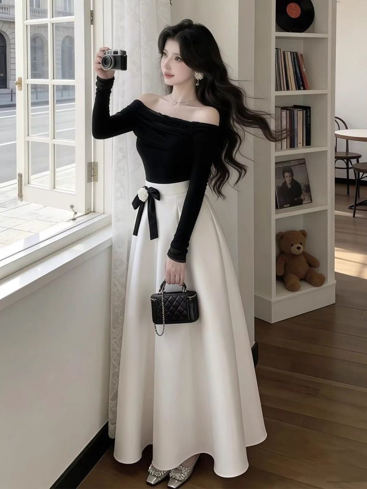 Elegant Black And White Off-Shoulder Maxi Dress
