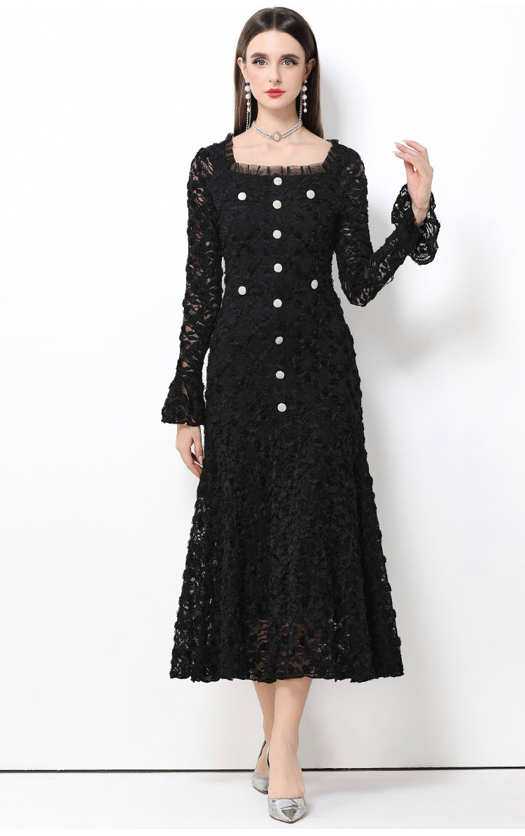 French-style light luxury-Inspired lace dress with heavy-duty 3D floral bell sleeves and a full skirt.