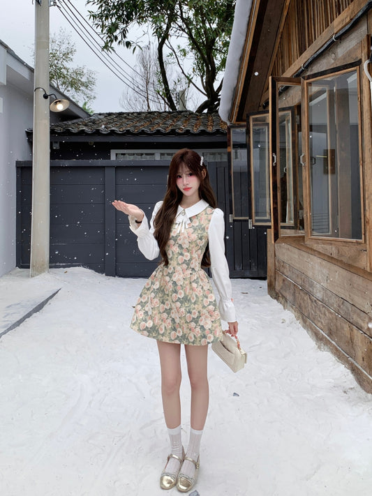 Cottagecore Rose Print A-Line Dress With Lantern Sleeves