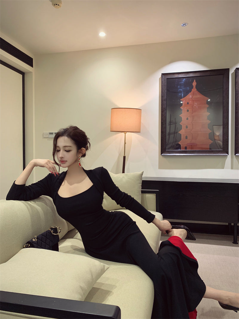 Elegant Black Knit Mermaid Maxi Dress