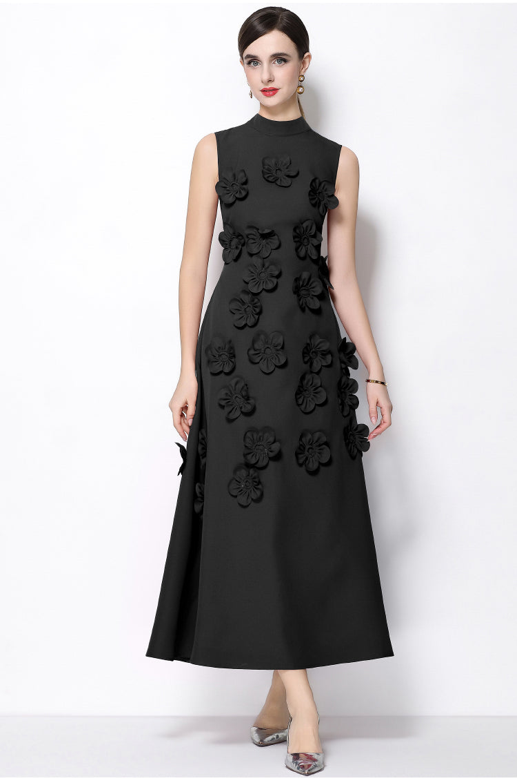 Petal-Encrusted Black Midi Dress-3D Floral Mock-Neck A-Line