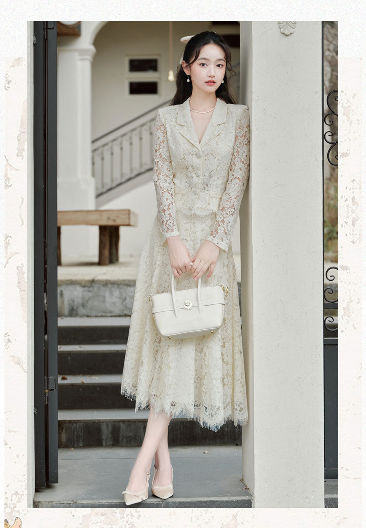 Victoria Lace Blazer & Eyelash Hem Midi Skirt Set