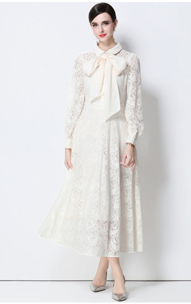 Vintage- Inspired Apricot Lace Dress With Chiffon Bow