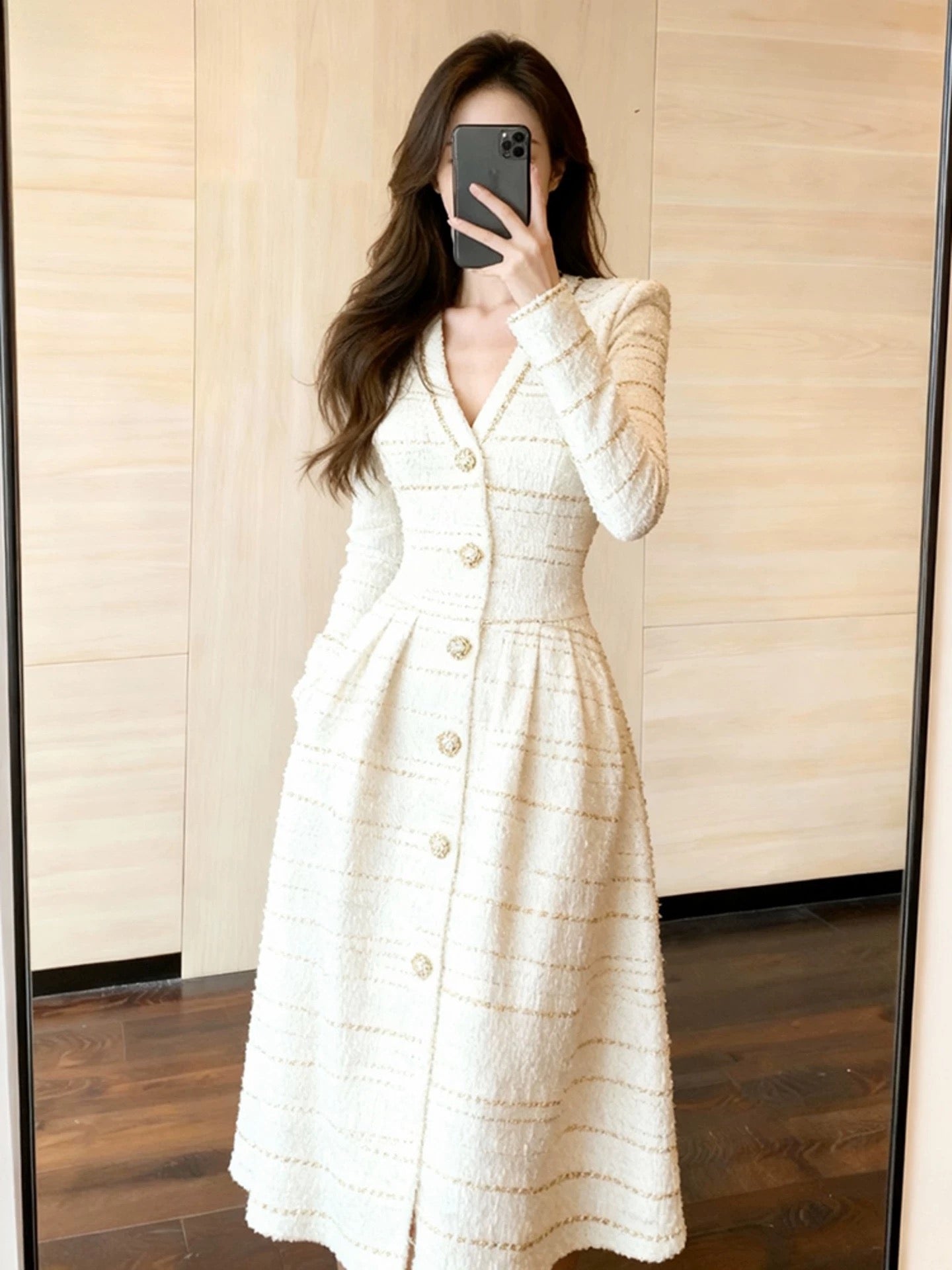 Elegent White Tweed Gold-Buttoned Midi Dress