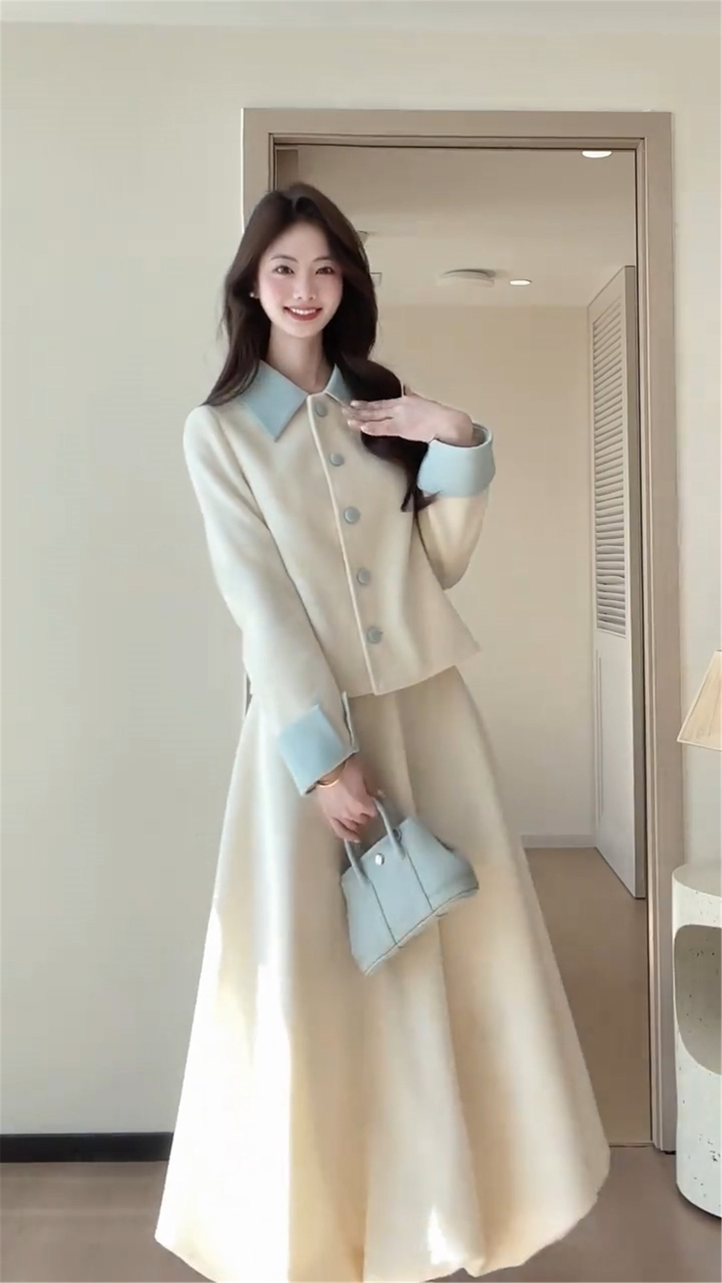 Elegant Hepburn Style Cropped Jacket With Lantern Hem Maxi Skirt