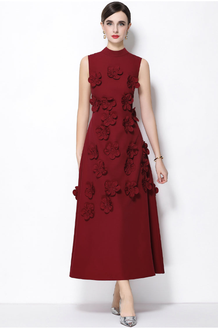 Petal-Encrusted Claret Midi Dress-3D Floral Mock-Neck A-Line