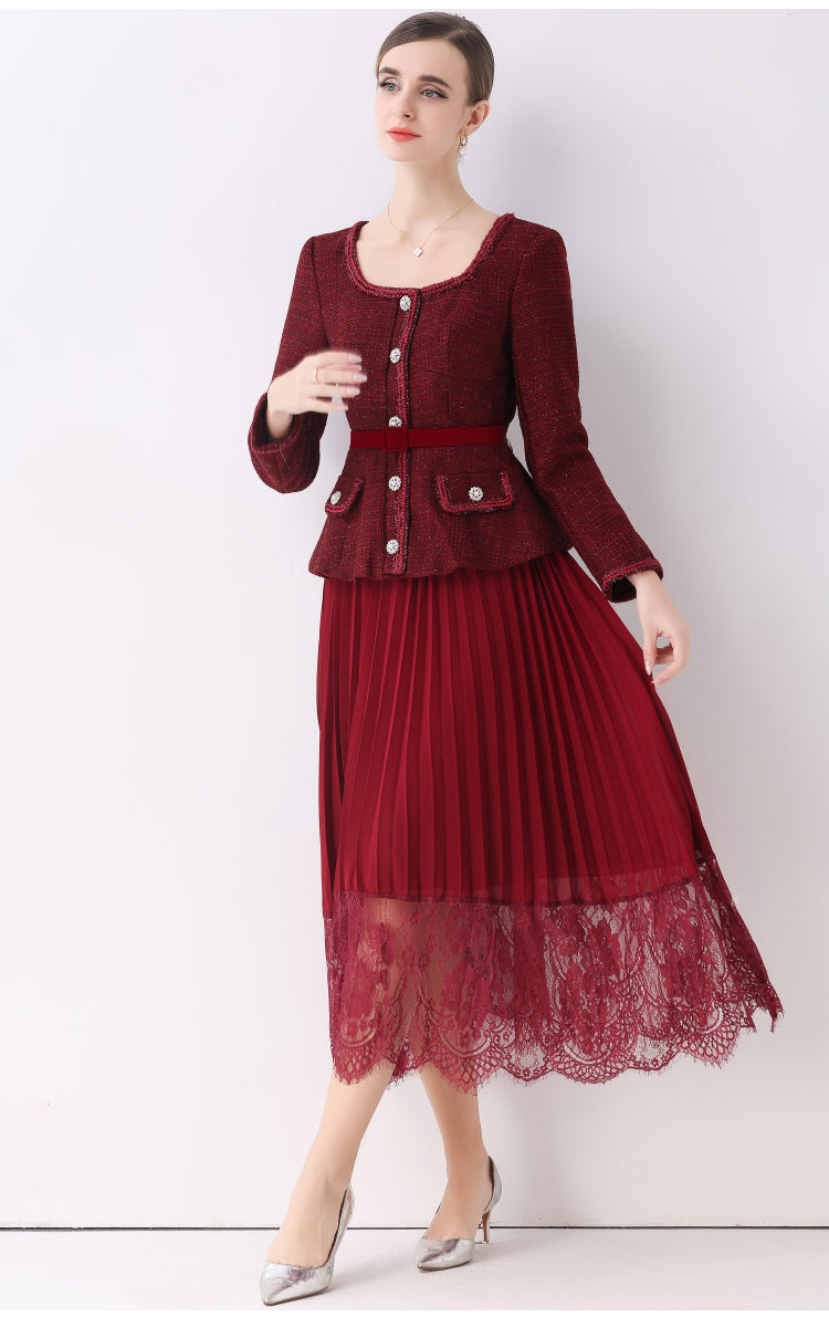 Claret Red Peplum Blazer Fake-two Pleated Lace Midi Set