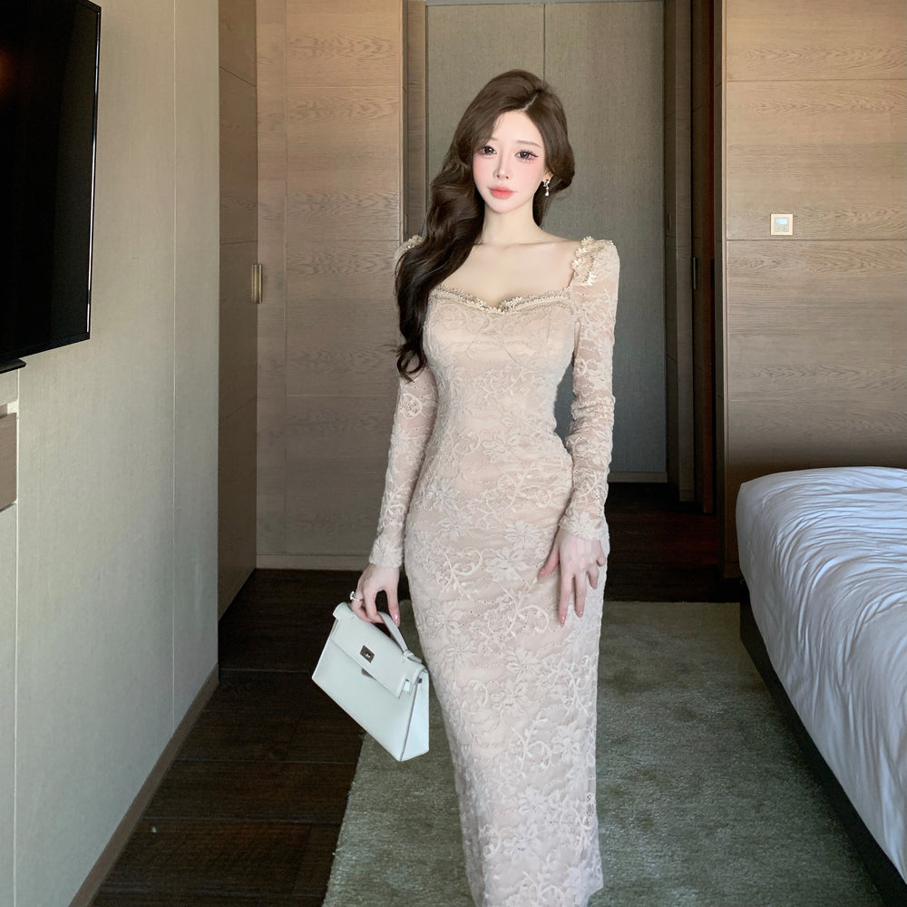 Elegant Floor - Length Lace Gown - Sophisticated Square Neck Evening Maxi Dress