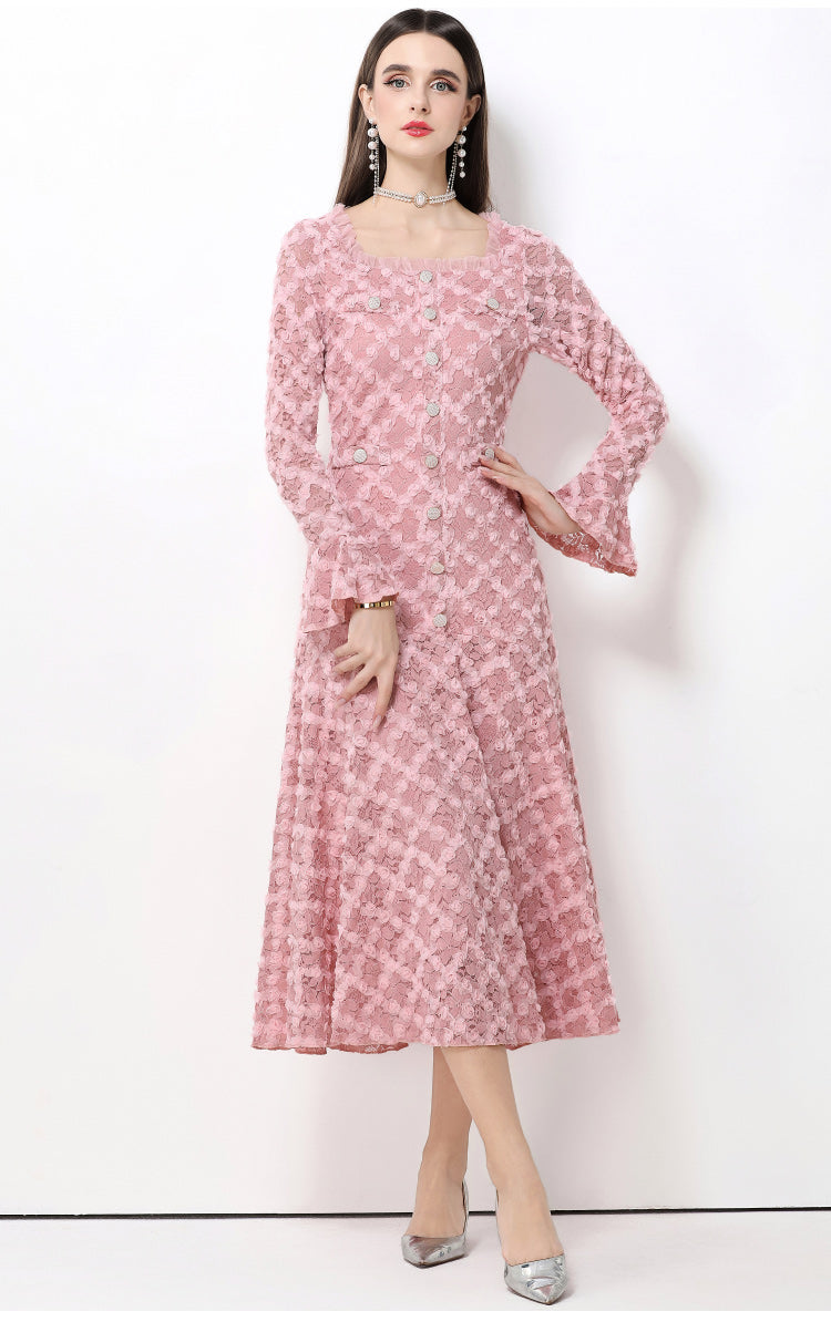 French-style light luxury-Inspired lace dress with heavy-duty 3D floral bell sleeves and a full skirt.