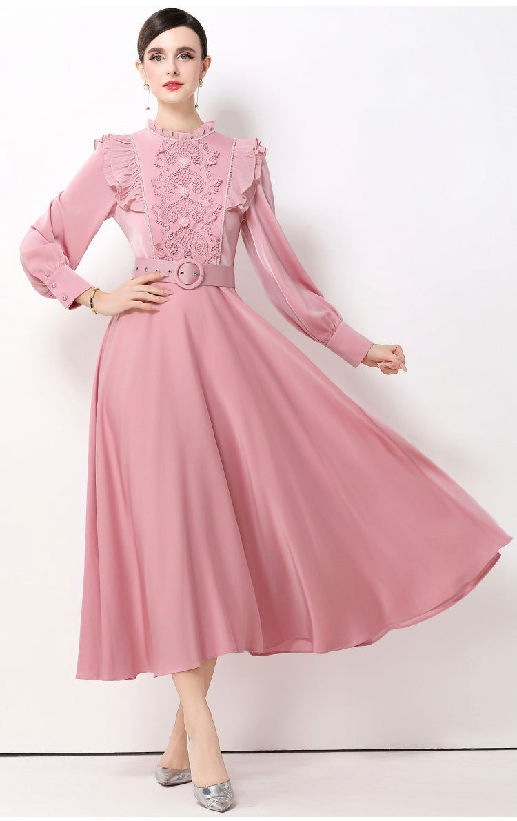 Enchanted Pink Orchid Belted A-line Gown-High Neck Victorian Style