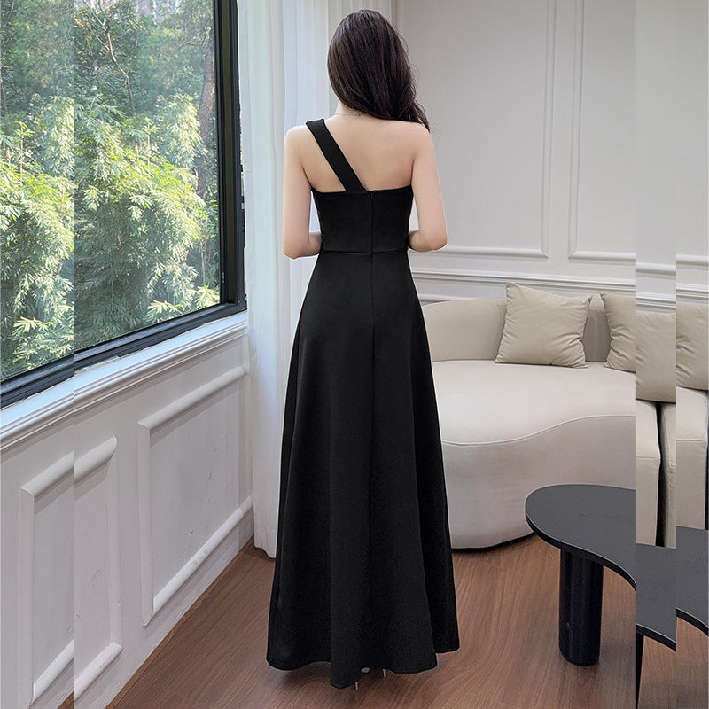 One-Shoulder Ruched Pleat Maxi Gown