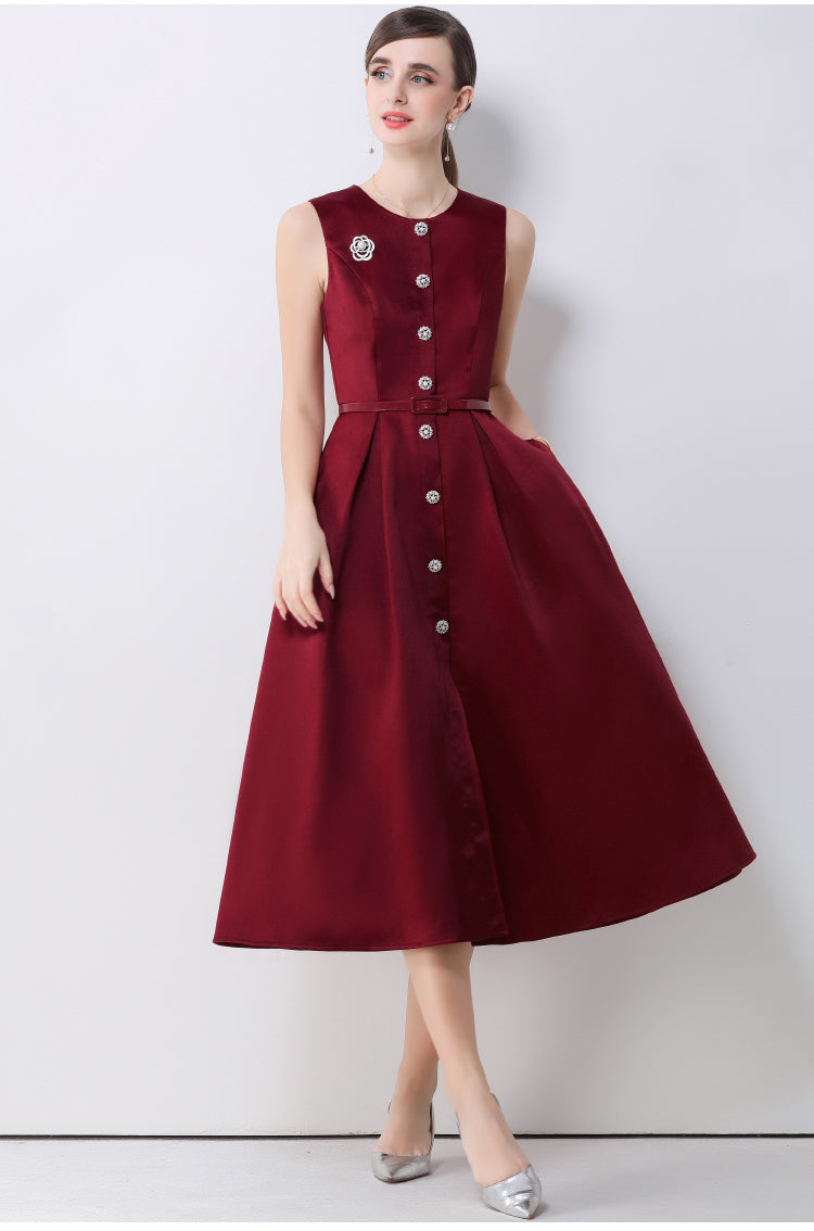 Elena Sleeveless Button-Down Flare Dress In Red