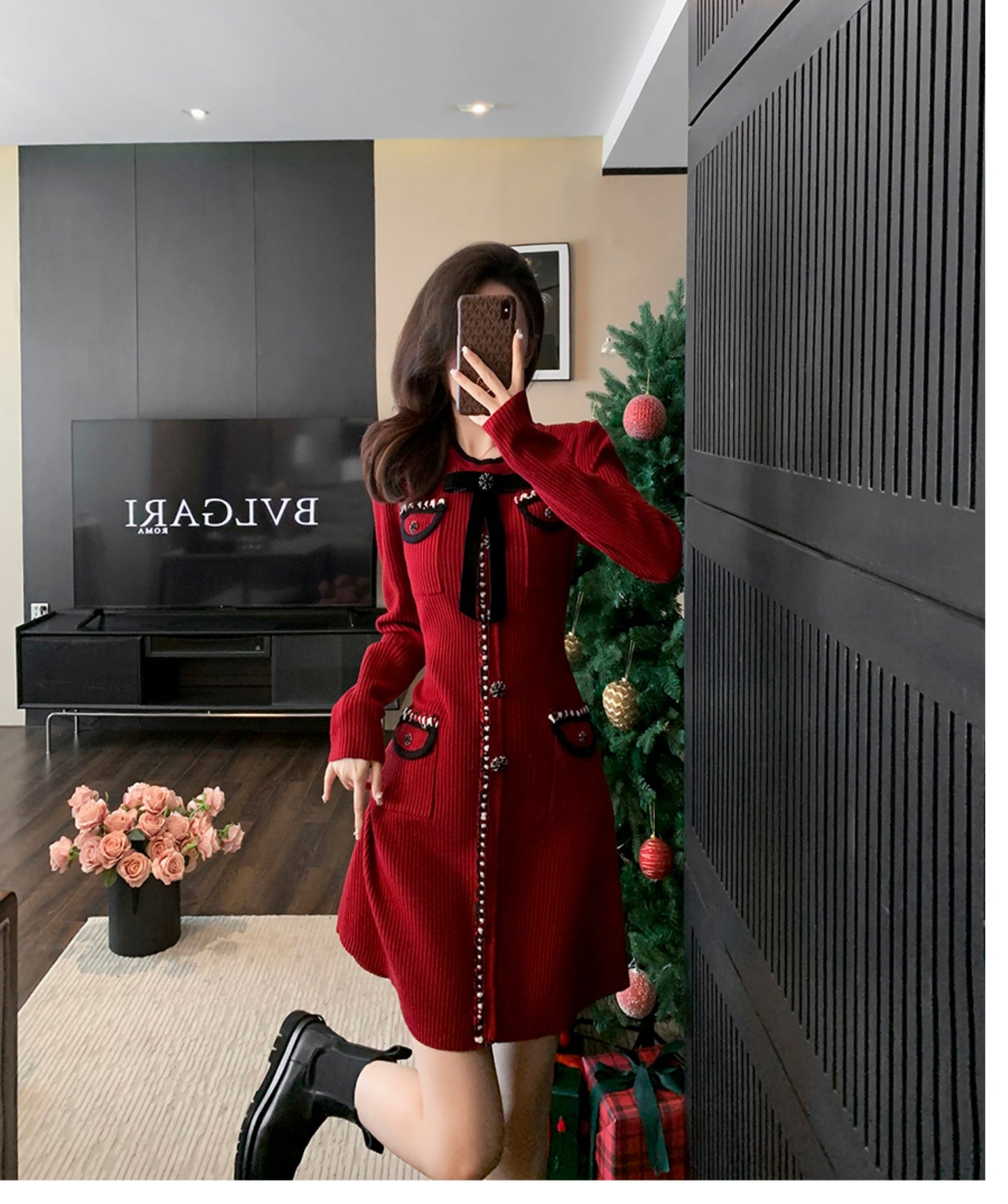 Long Sleeve Button- Down Knit Dress In Crimson
