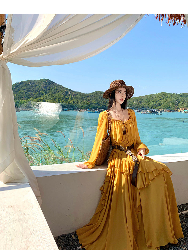 Wild Honey Yellow Boho-Chic Tiered- Long-Sleeve Maxi Dress