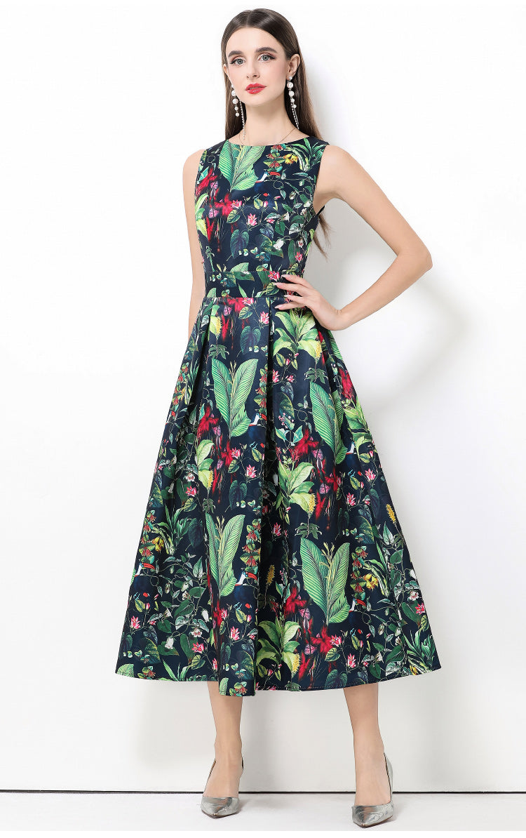 Botanical Print Jacquard A-Line Midi Dress