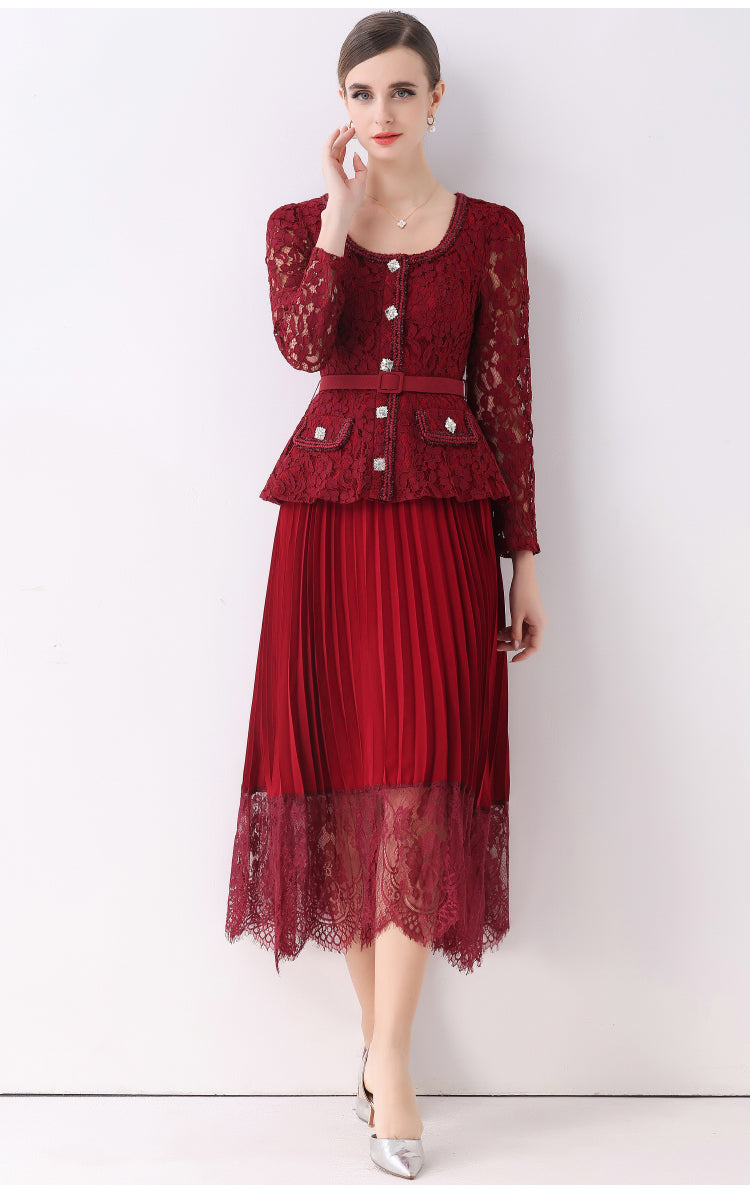 Maroon Lace Peplum Midi Fake-two Dress With Pleated Lace-Trim Skirt