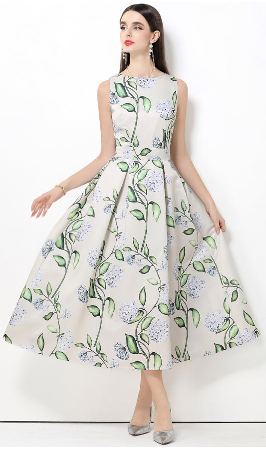 Vintage Hydrangea A-Line Midi Dress