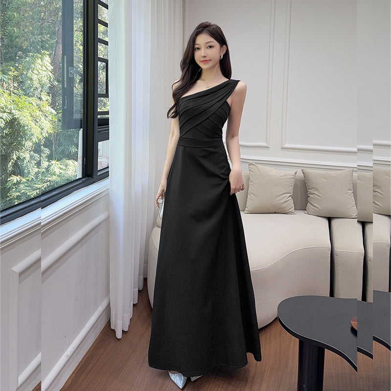 One-Shoulder Ruched Pleat Maxi Gown