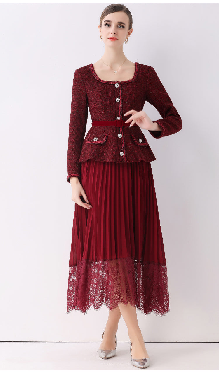Claret Red Peplum Blazer Fake-two Pleated Lace Midi Set