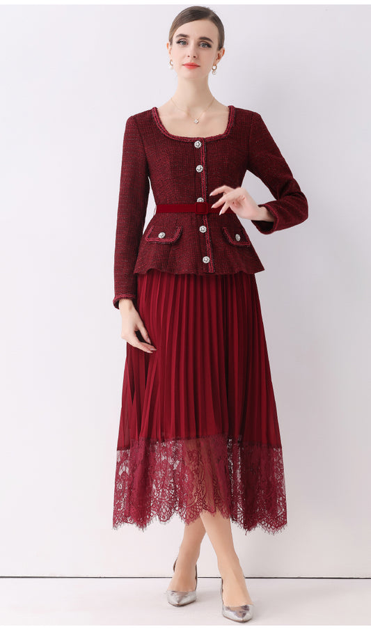 Claret Red Peplum Blazer Fake-two Pleated Lace Midi Set