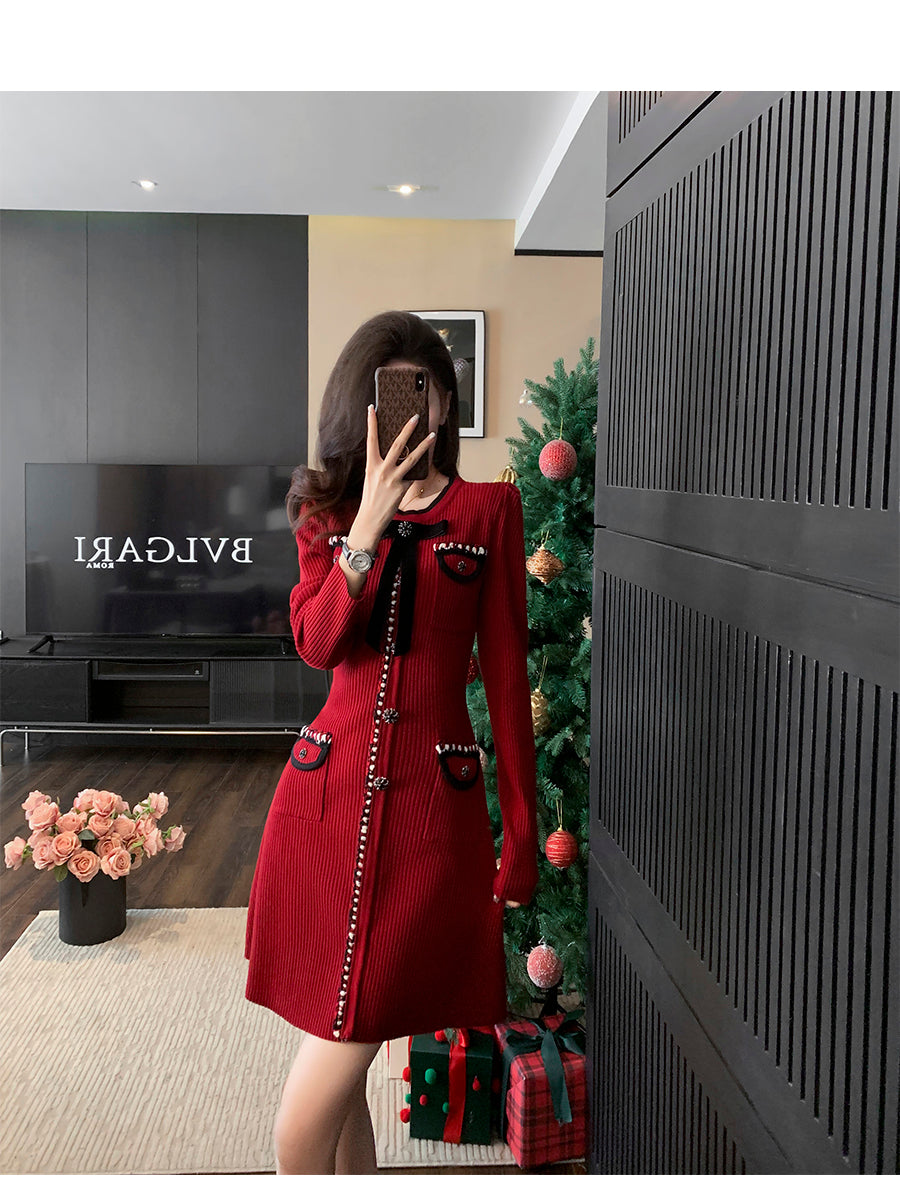 Long Sleeve Button- Down Knit Dress In Crimson