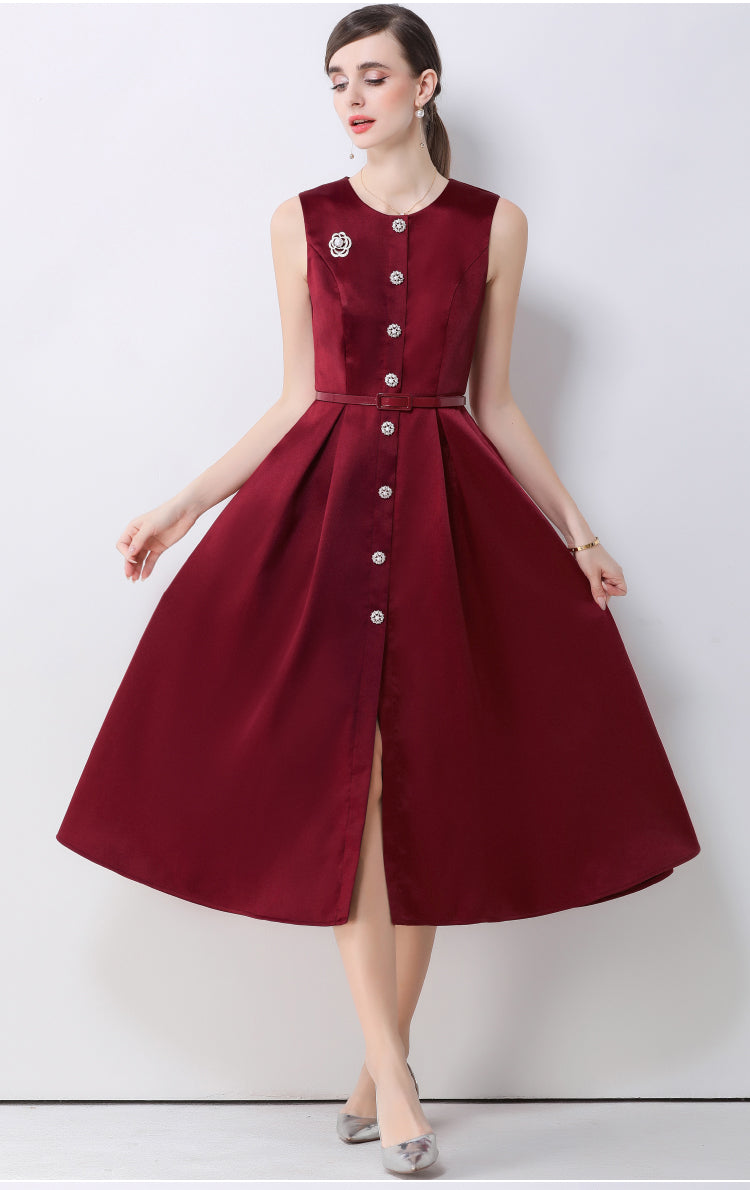 Elena Sleeveless Button-Down Flare Dress In Red