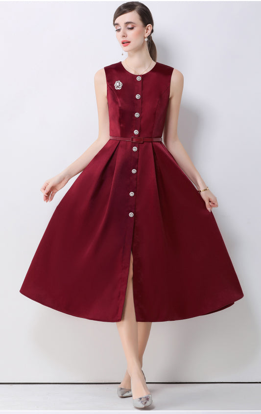 Elena Sleeveless Button-Down Flare Dress In Red