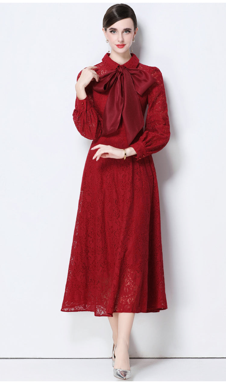 Maroon Floral Lace Midi Dress With Oversized Satin Bow