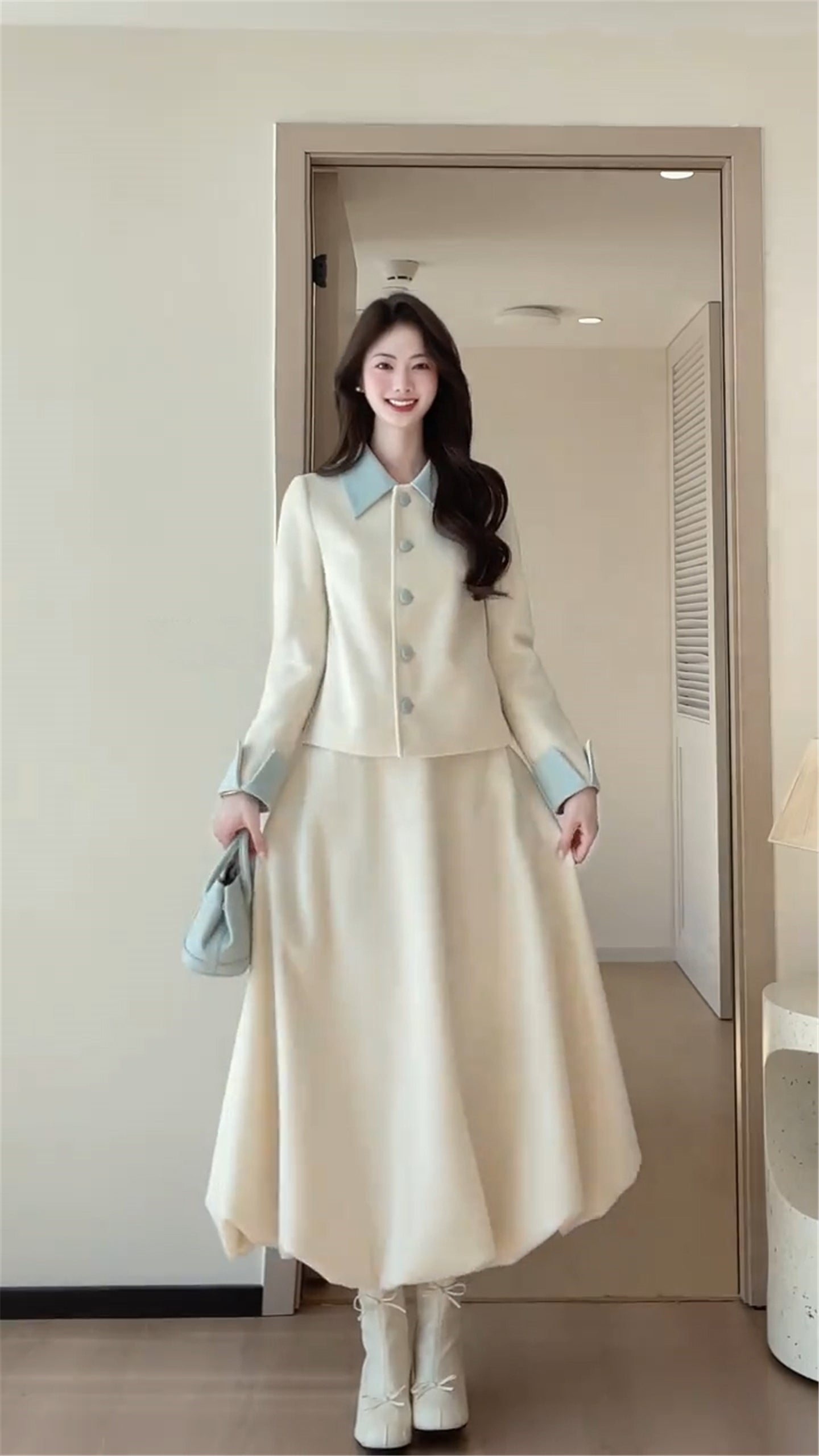 Elegant Hepburn Style Cropped Jacket With Lantern Hem Maxi Skirt