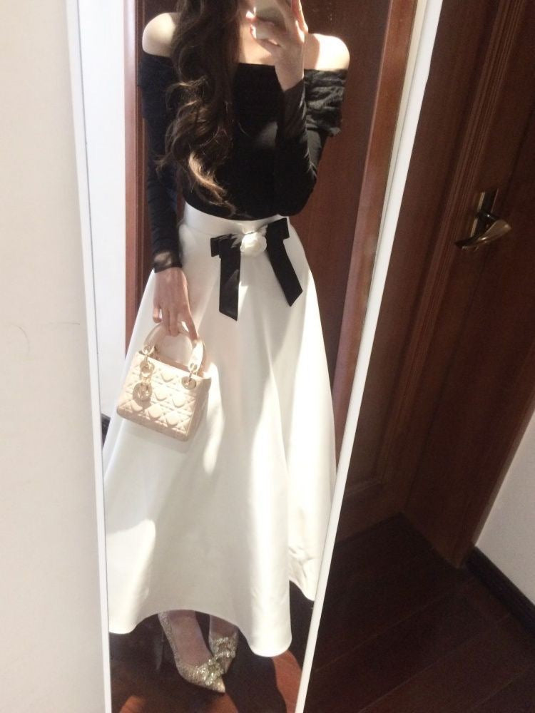 Elegant Black And White Off-Shoulder Maxi Dress