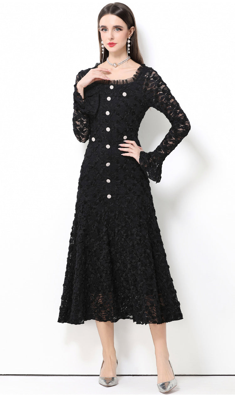 French-style light luxury-Inspired lace dress with heavy-duty 3D floral bell sleeves and a full skirt.
