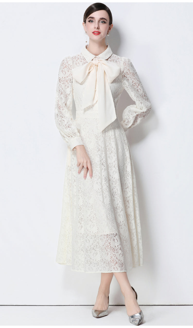 Vintage- Inspired Apricot Lace Dress With Chiffon Bow