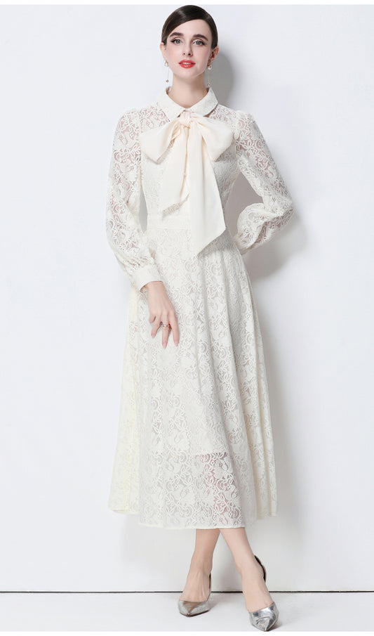 Vintage- Inspired Apricot Lace Dress With Chiffon Bow