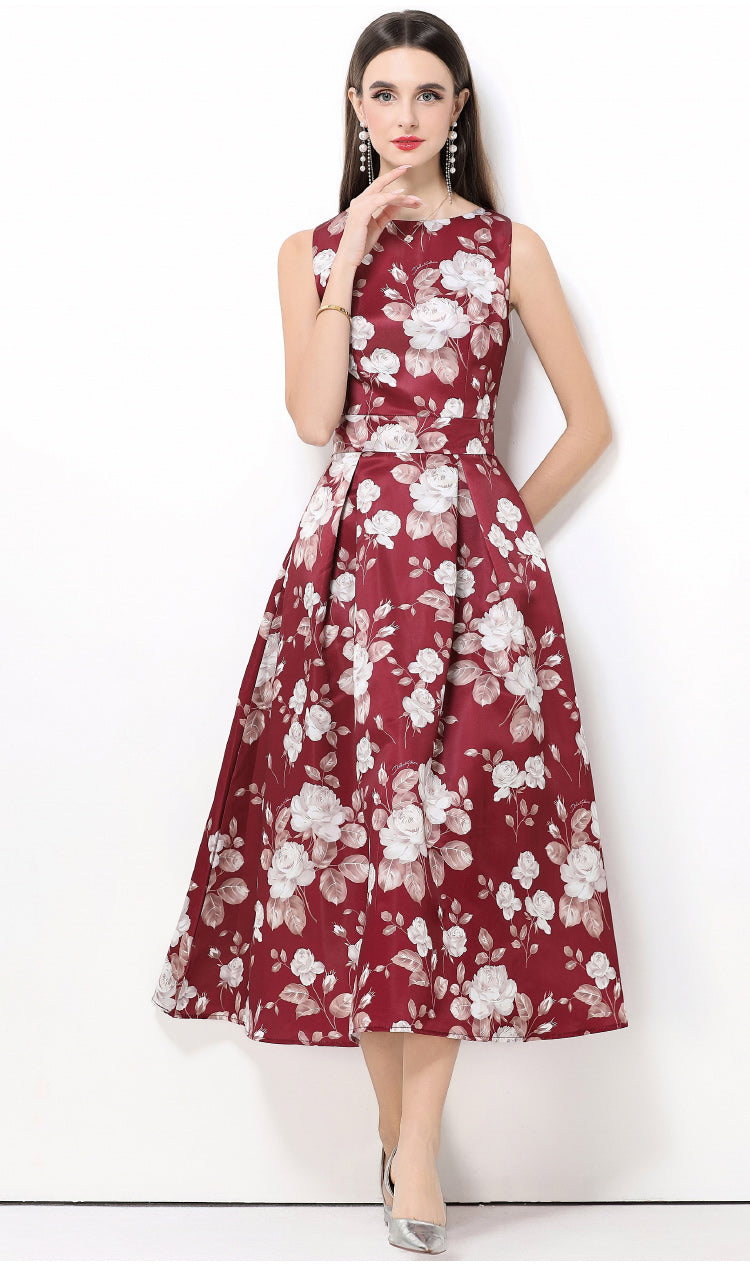 Burgundy Floral Sleeveless Midi Fit And Flare Dress