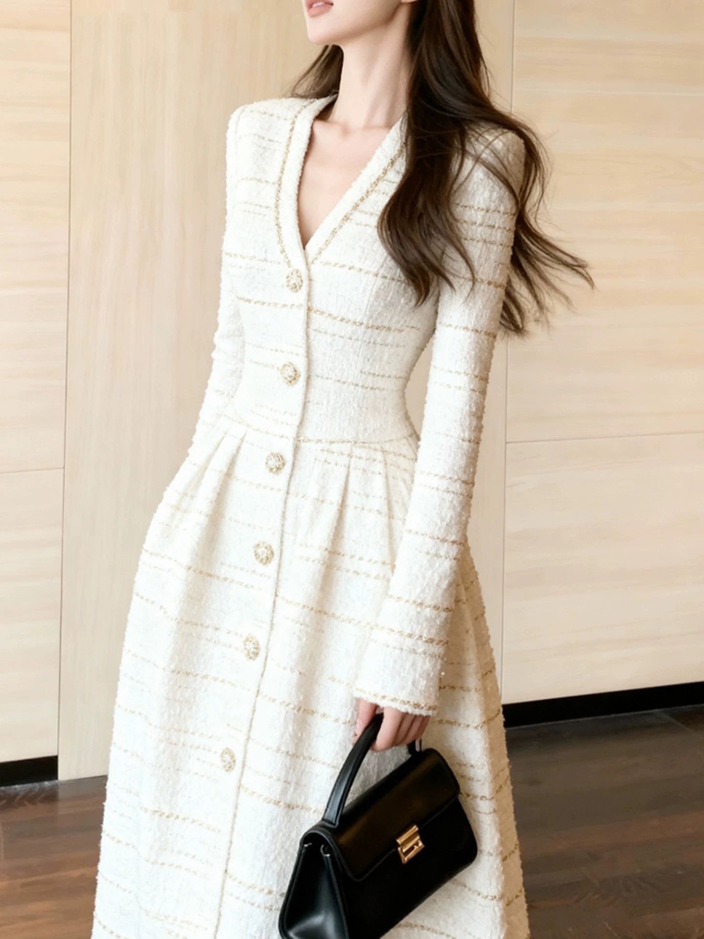 Elegent White Tweed Gold-Buttoned Midi Dress