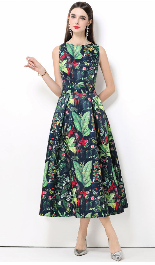 Botanical Print Jacquard A-Line Midi Dress