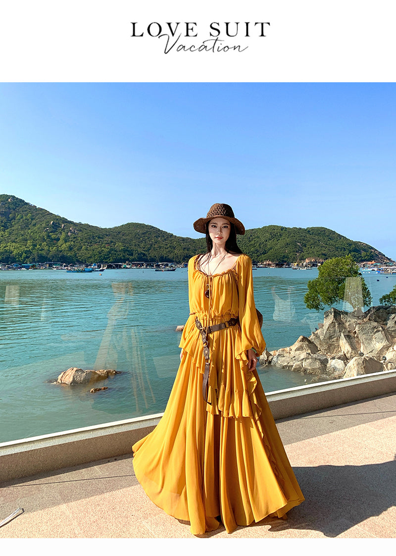 Wild Honey Yellow Boho-Chic Tiered- Long-Sleeve Maxi Dress