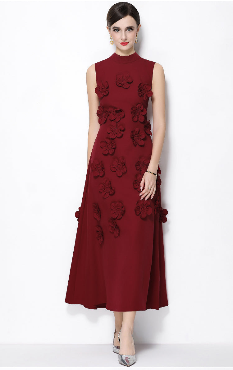 Petal-Encrusted Claret Midi Dress-3D Floral Mock-Neck A-Line