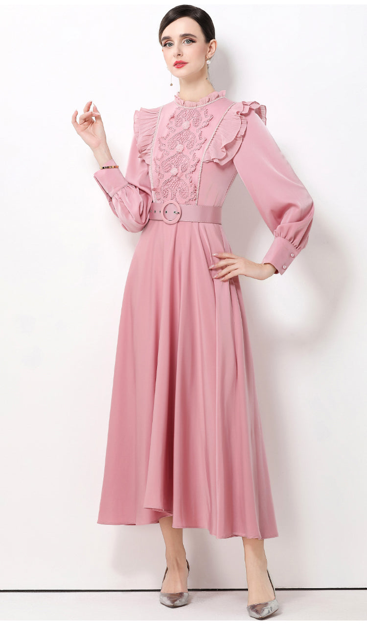Enchanted Pink Orchid Belted A-line Gown-High Neck Victorian Style