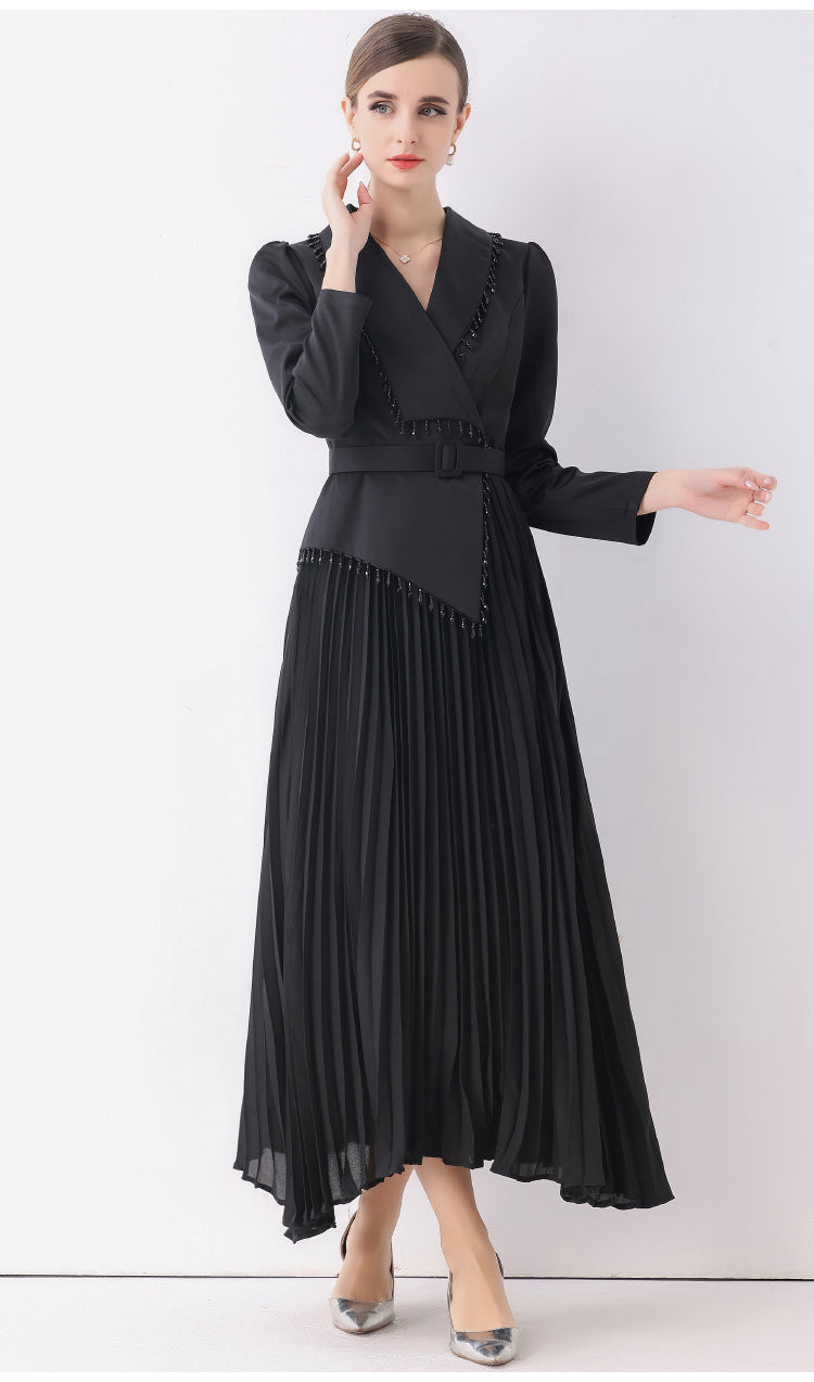 Black Floral Lace & Accordion Pleat Evening Dress