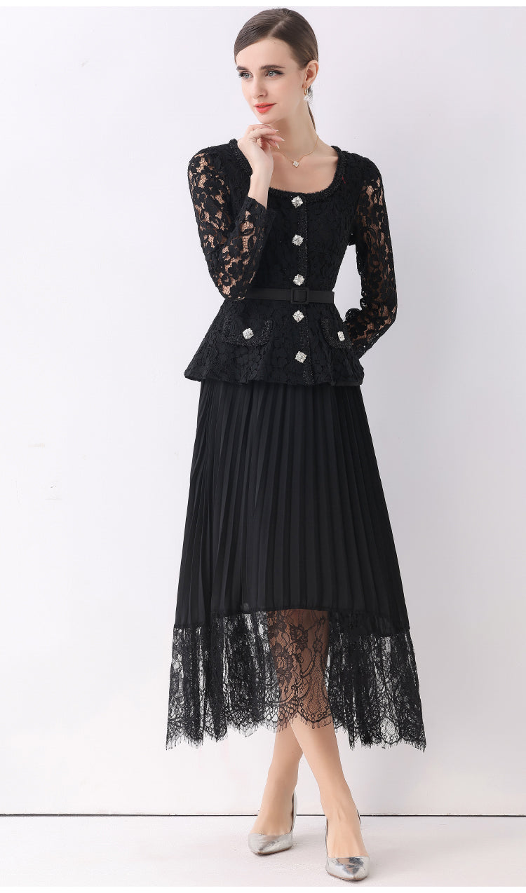 Midnight Lace Peplum Midi Fake-two Dress With Pleated Lace-Trim Skirt