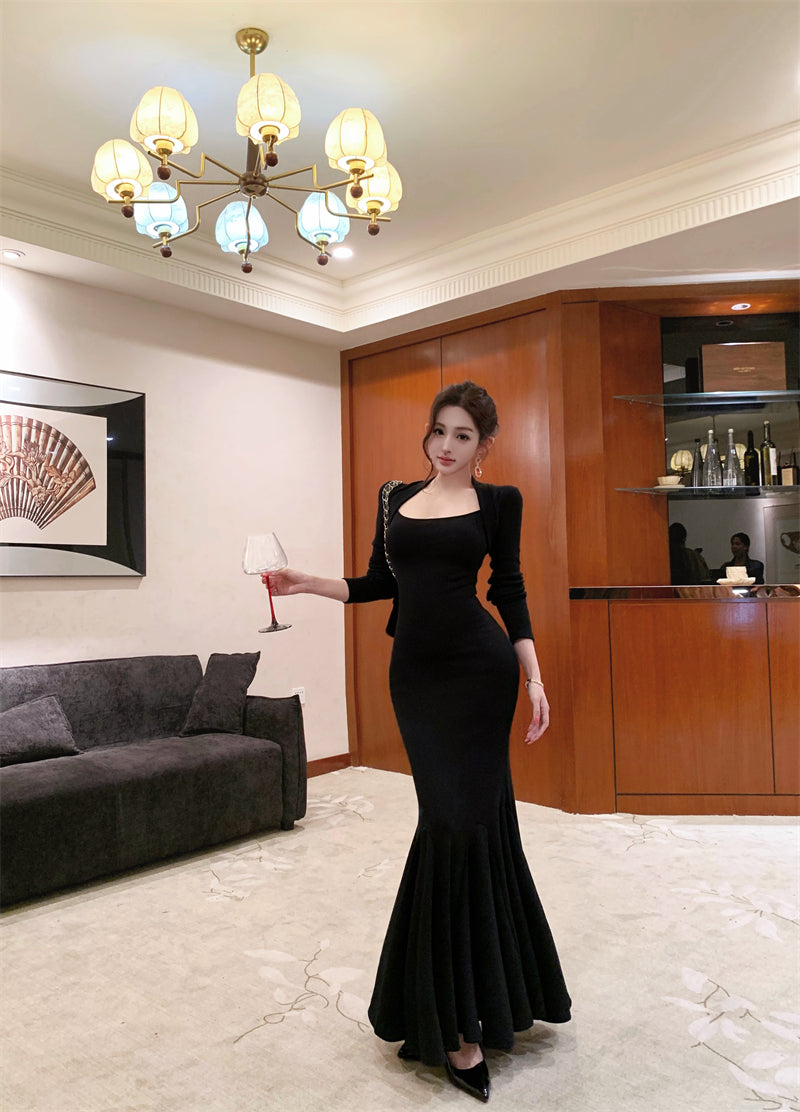 Elegant Black Knit Mermaid Maxi Dress
