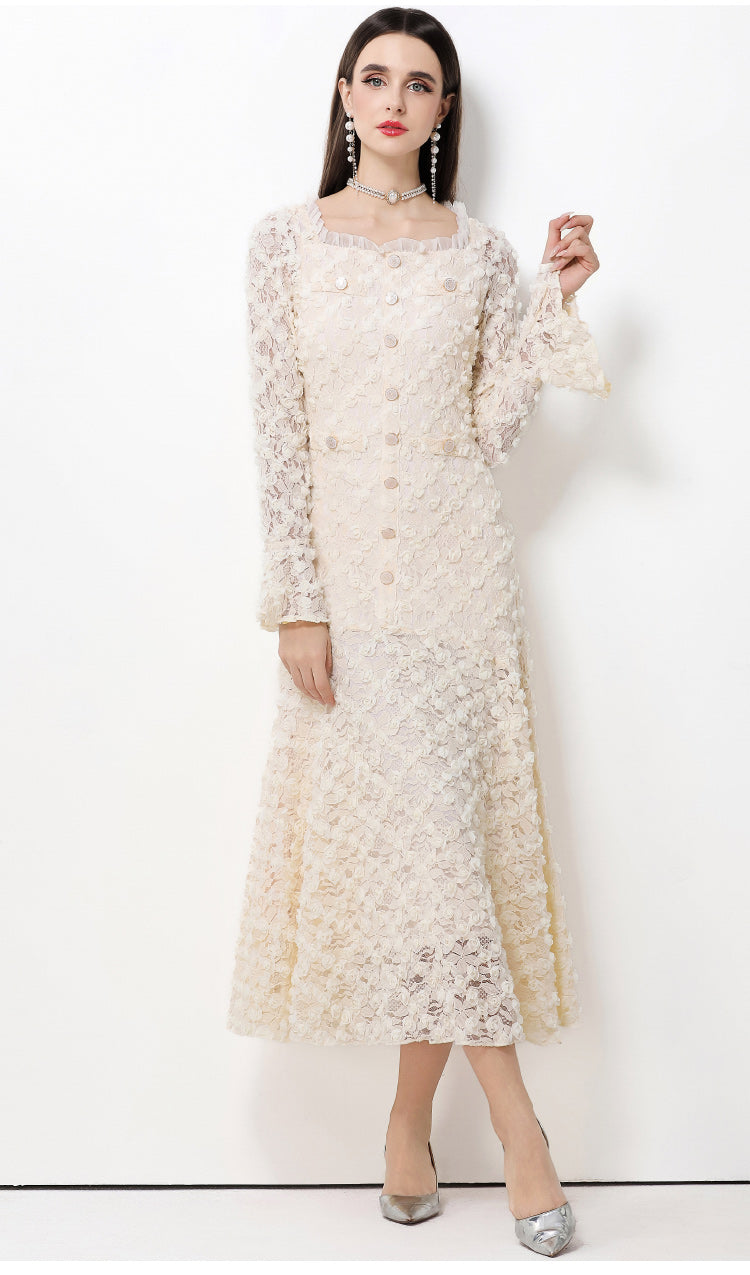 French-style light luxury-Inspired lace dress with heavy-duty 3D floral bell sleeves and a full skirt