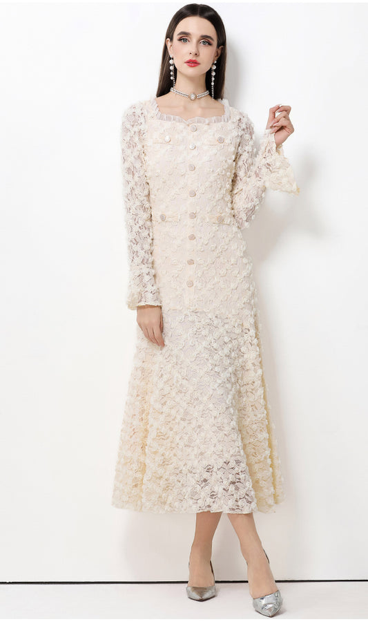 French-style light luxury-Inspired lace dress with heavy-duty 3D floral bell sleeves and a full skirt