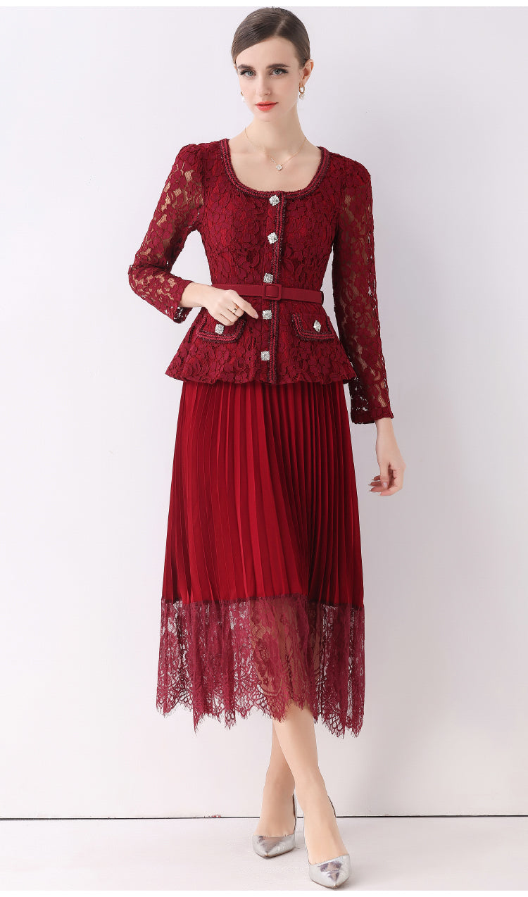 Maroon Lace Peplum Midi Fake-two Dress With Pleated Lace-Trim Skirt