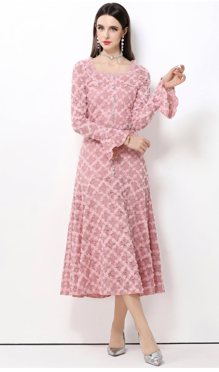 French-style light luxury-Inspired lace dress with heavy-duty 3D floral bell sleeves and a full skirt.