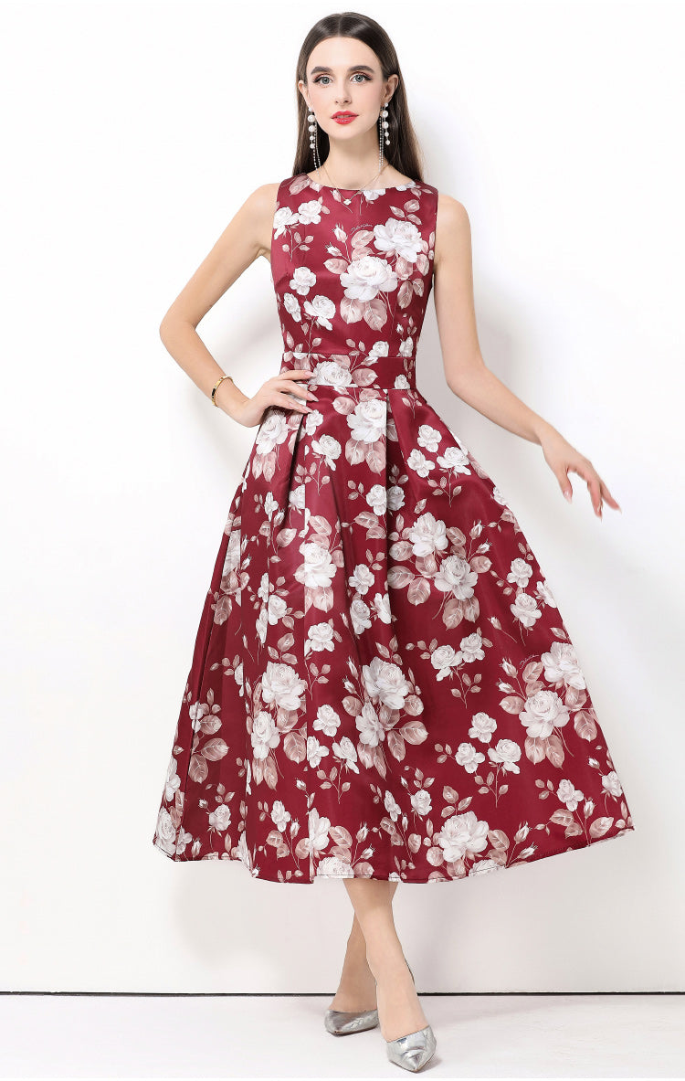 Burgundy Floral Sleeveless Midi Fit And Flare Dress